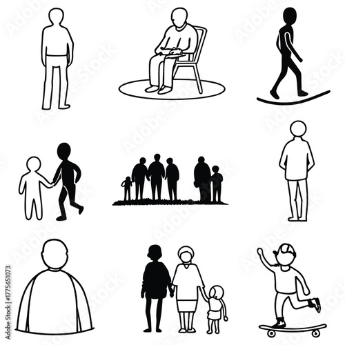 Minimal black and white silhouette icon pack of 10 human figures in various poses (standing, walking, team, parent-child). Perfect for apps, infographics, signs, UI design.