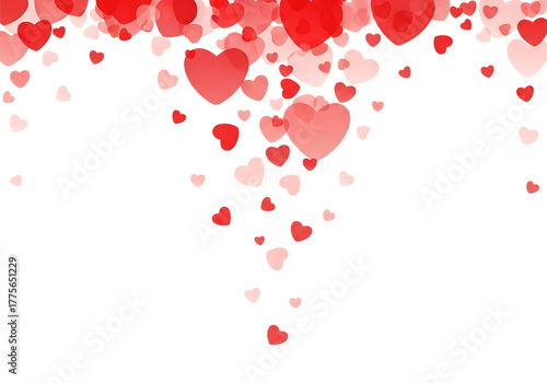 A cascade of red and pink hearts falling downwards against a black background isolated on transparent background