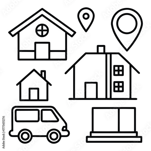 Black & white real estate icon pack: house, apartment, key, sold/for-rent signs, floor plan, moving truck and more. Ideal for property apps, home services, realtor branding and print.