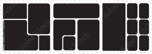 Vector collage for photos. Picture frame. Vector blank in bento grid system. Bento style layout grid templates. Web comics grids, various panel arrangements and different size tiles vector set. EPS 10