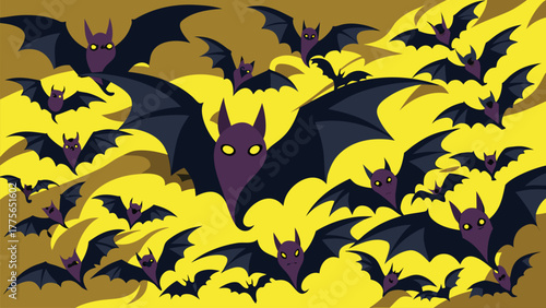 A swarm of cartoon bats with glowing eyes flies in a spooky yellow and gold background for halloween
