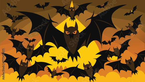A swarm of spooky black bats flying in the night sky with glowing orange moon behind them