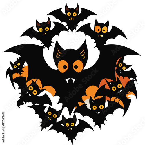 A spooky halloween decoration featuring a large central bat surrounded by many smaller bats