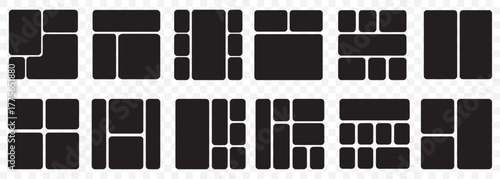 Bento grid vector vertical layouts. Geometric tiles pattern for photo collage, website layout, etc. Trendy tiling frames arrangements and presentation templates for social media. EPS 10.