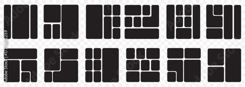 Bento grid vector horizontal layouts. Geometric tiles pattern for photo collage, website layout, etc.  Bento grid layouts. Geometric tiles pattern, trendy frames arrangements and presentation layout.