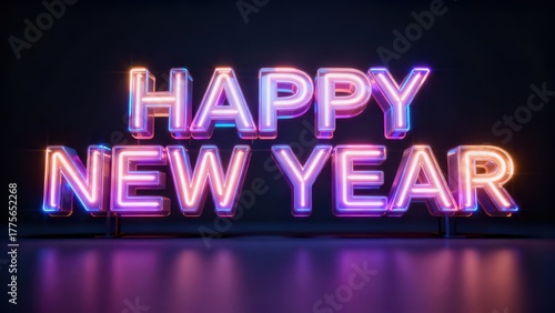 Three dimensional glowing letters display celebratory greeting against a dark background