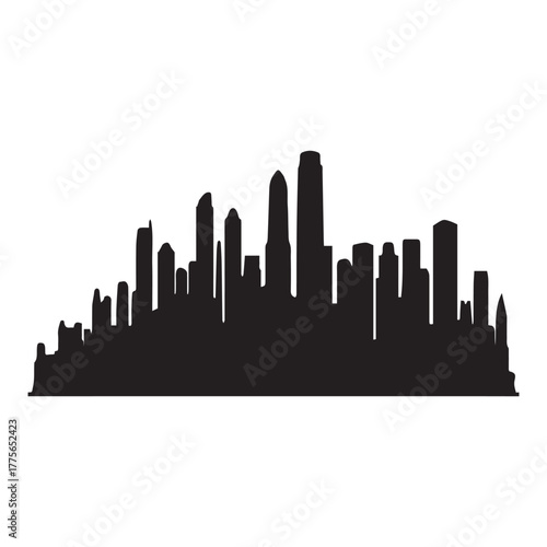 Black silhouette of a dense city skyline with varied building heights and shapes city skyline silhouette