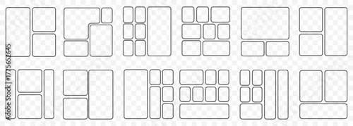 Bento grid abstract layouts with geometric tiles and rounded corners. Modern modular UI design panels, trendy web interface templates, collage frames and infographics. Bento Grid Layout Icon Set –Mod.