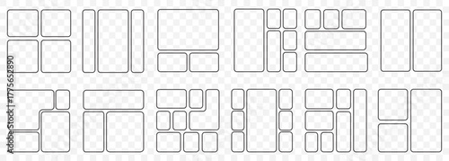 Bento grid abstract layouts with geometric tiles and rounded corners. Modern modular UI design panels, trendy web interface templates, collage frames and infographics. Bento Grid Layout Icon Set –Mod.