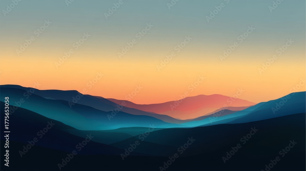 Fototapeta premium A serene illustration of a sunset over mountains with layered hills in gradient colors, evoking peace and tranquility in nature's beauty.