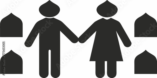 Modern simple icon set celebrating unity and love, a couple holding hands surrounded by architectural elements, conveying togetherness and cultural appreciation