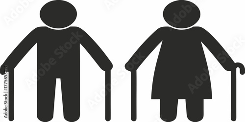 Senior couple icon with walking sticks symbolizing aging, retirement and support, perfect for healthcare or family planning materials. Originally vector graphics.