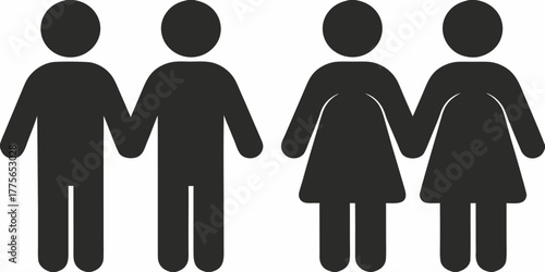 Two male and two female figures holding hands, symbolizing unity, connection, and partnership in modern social relationships with vector origins