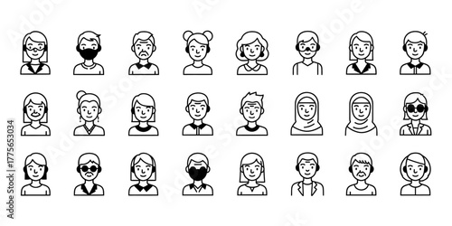 Collection of diverse human avatars in a simple line drawing silhouette style
