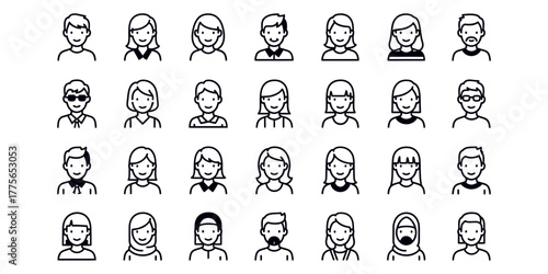 Collection of diverse hand drawn human face silhouettes in a grid layout