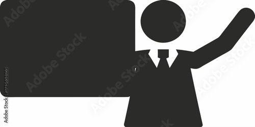 Dynamic business presentation icon featuring a confident speaker presenting data on a board perfect for infographics, websites, or modern marketing materials