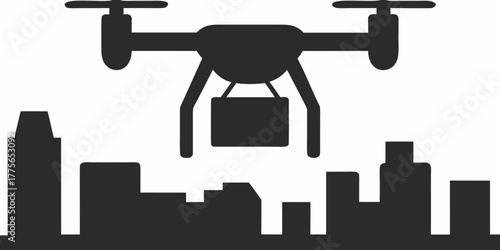 Drone delivering package over a modern cityscape, illustrating urban logistics and future of delivery services in a sleek design, originally vector graphics