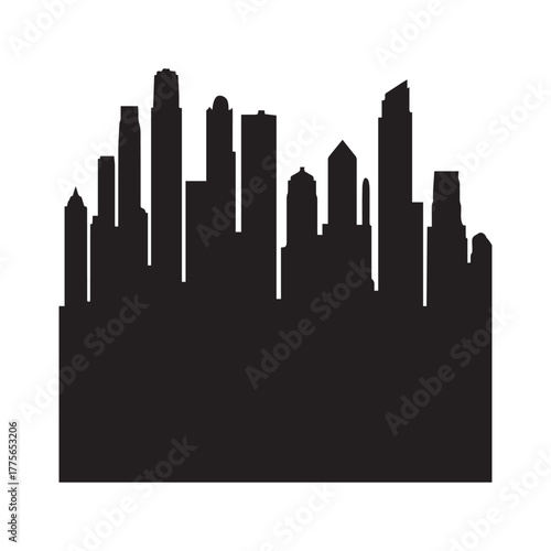 Black silhouette of a dense city skyline with varied building heights and shapes white