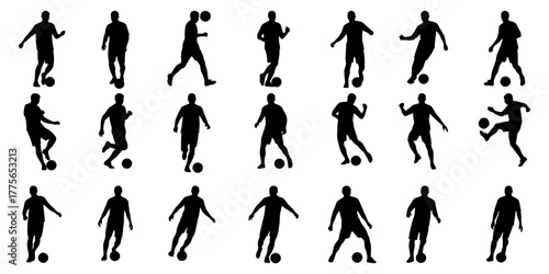 Collection of diverse male soccer player silhouettes in action poses