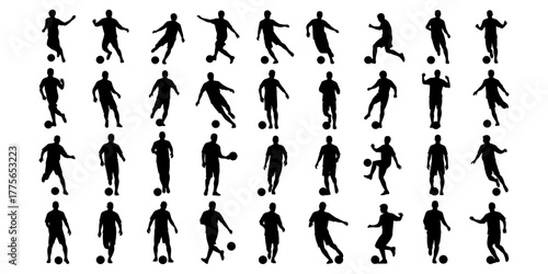 Collection of diverse soccer player silhouettes in action poses