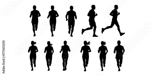 Collection of male and female runners in dynamic silhouette poses