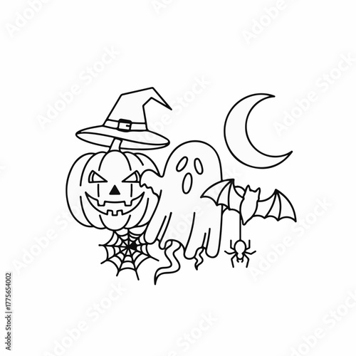 Spooky Halloween illustration with a grinning pumpkin, a friendly ghost, and a crescent moon