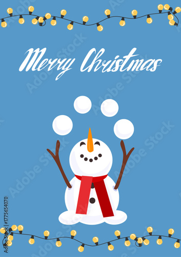 Vector Christmas postcard with a cheerful snowman juggling snowballs. Cute winter illustration with festive lights and ‘Merry Christmas’ lettering on blue background. Perfect for holiday greeting card