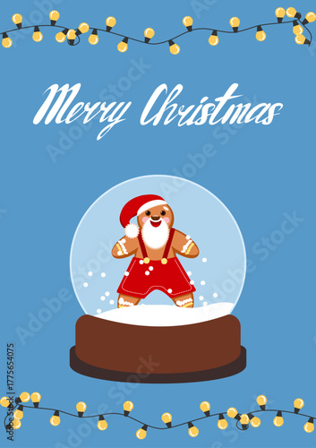 Cute Christmas card featuring a gingerbread man dressed as Santa Claus inside a snow globe with holiday lights and “Merry Christmas” text. Perfect for festive stationery and gift tags.