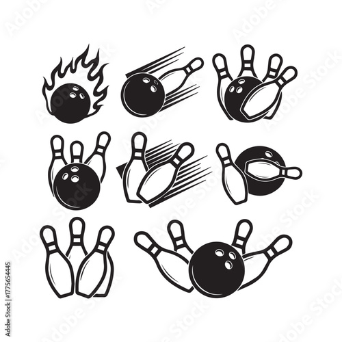 Collection of black and white bowling ball and pin icons with motion lines and flames bowling pins
