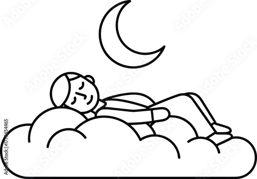 Dreaming on Cloud Illustration Vector, Relaxed Sleep Graphic, Moon Above, Night Rest Outline, Cartoon Person in Bed, Calm Slumber Design