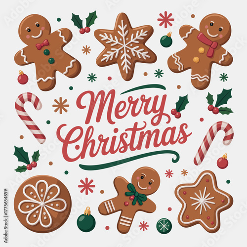 Merry christmas gingerbread cookies candy cane and holly for festive season design