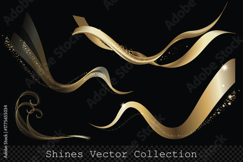 Luxury Gold elements with stardustand shines, golded wavy curls with bokeh ligts, Vector, EPS set for presentations, greetings and advertising, editable elements