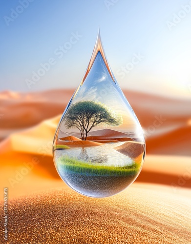 Desert Oasis Reflected Within a Crystal Glass Drop: Surreal Nature Scene for Sustainability