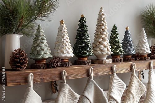 Festive christmas mantel decorated with ceramic trees and knit stockings hanging