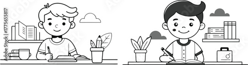 Two cartoon boys sitting at desks writing and studying, surrounded by books, plants, and clouds in a simple, charming line art illustration style, perfect for educational content.