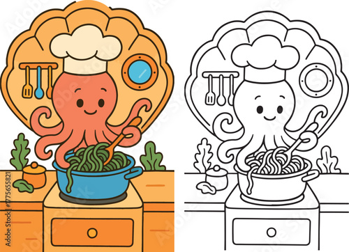 Cute cartoon octopus chef wearing a chef hat stirring pasta in a pot with a whisk in a colorful kitchen scene and line art version
