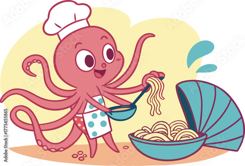 Cute cartoon octopus chef wearing a toque blanche and apron, happily serving a bowl of spaghetti with a ladle, in a playful, colorful illustration with abstract shapes and splashes