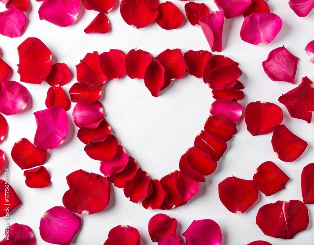 Fototapeta premium Heart Shape Formed by Romantic Red and Pink Rose Petals on White Background