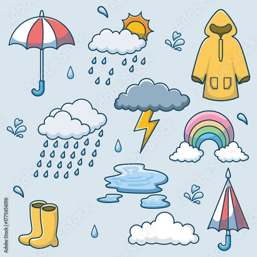 Monsoon or rainy Season. Cute element set illustration.