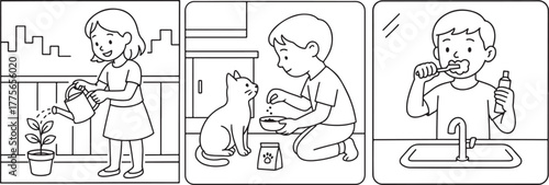 Children performing daily routines: watering a plant on a balcony, feeding a cat indoors, and brushing teeth at a bathroom sink, representing care and responsibility in simple line art style.