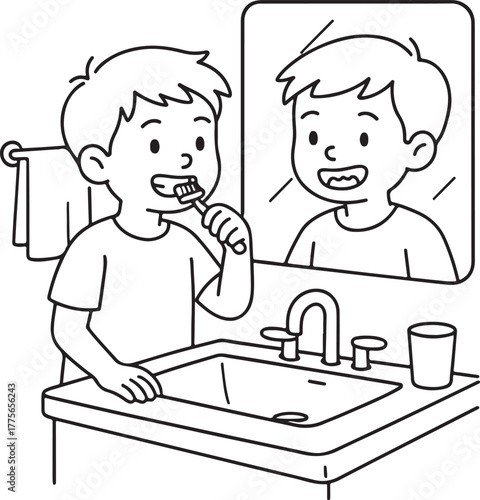 Joyful young boy standing at a bathroom sink, brushing his teeth with a toothbrush, with his reflection smiling back in the mirror above, promoting good oral hygiene habits