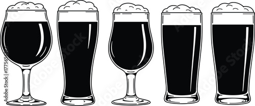 Beer glasses vector illustration, dark beer foam clipart, pint tulip snifter glassware set, pub drink icons, brewery alcohol beverage design