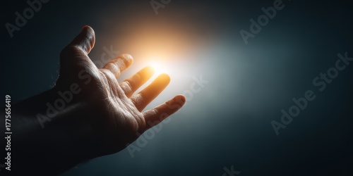 Hand reaches toward glowing light in dark studio to symbolize ambition and progress in personal development