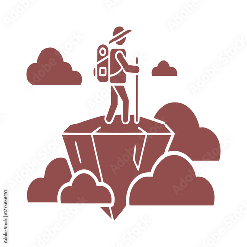 Adventurer standing on a rocky peak with a backpack and trekking pole, surrounded by clouds, symbolizing achievement and exploration