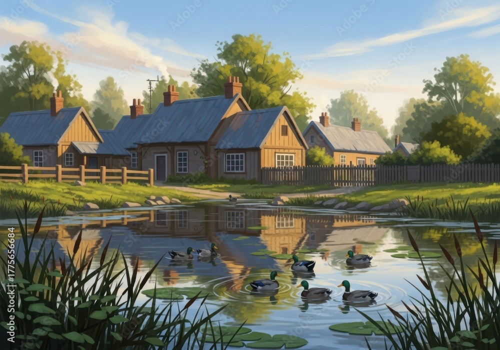Obraz premium Farmhouse country scene with pond and ducks