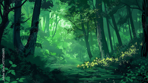 Peaceful digital illustration of a lush green forest with glowing light and soft mist, creating a calm, magical, and serene atmosphere.