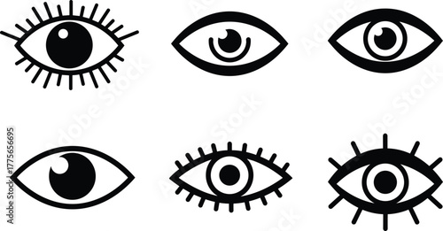 Eye variations vector illustration, stylized pupil eyelash designs, abstract vision clipart, artistic eye symbols, graphic design elements, creative eye icon set
