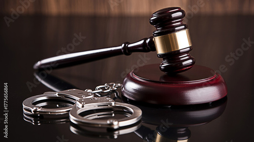 Gavel and handcuffs on a reflective surface symbolize law and order justice system legal proceedings and potential criminal consequences in a courtroom setting with dark wood background