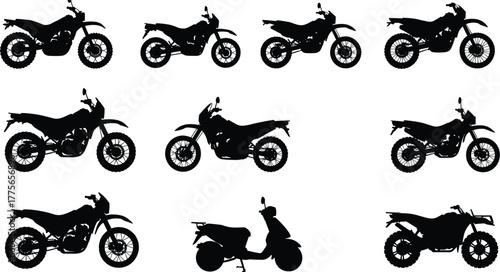 Motorcycle silhouettes, off-road motorbike icons, scooter silhouette, two-wheeled vehicles, motocross design, transport illustration, dirt bike shapes, motorbike collection, vector vehicle silhouettes
