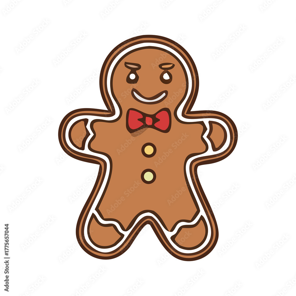 Fototapeta premium Cute gingerbread man cookie with red bow tie and icing decoration, kawaii Christmas sweet clipart for festive winter cards and bakery-themed designs. 